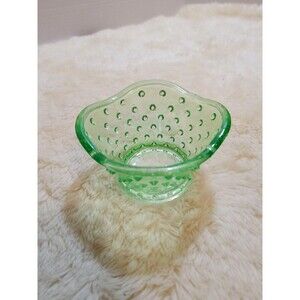 Vintage Art Glass Green Flashed Candy Dish Bowl Hobnail Waved Edges
